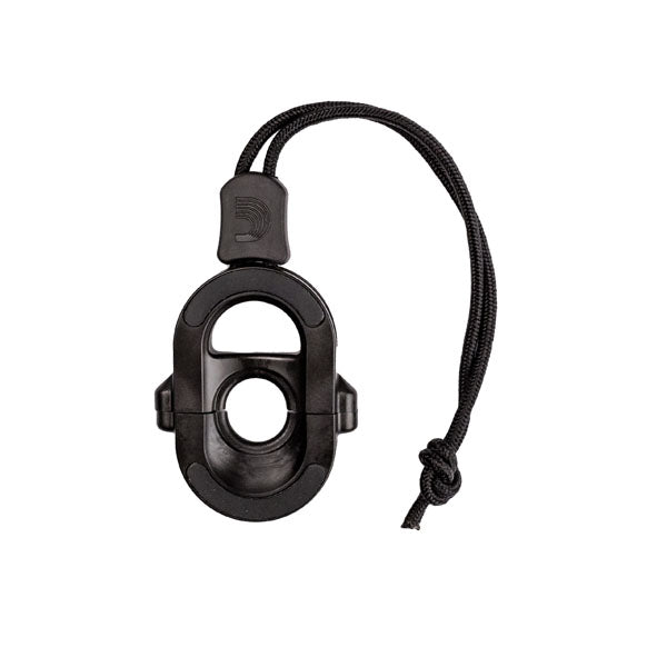 Black device with a cord on a white background.