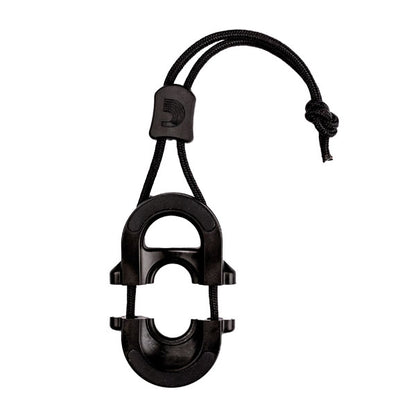 Black plastic clamp with cord on each side which support the closure of the mechanism which clamps around the pin of the guitar.