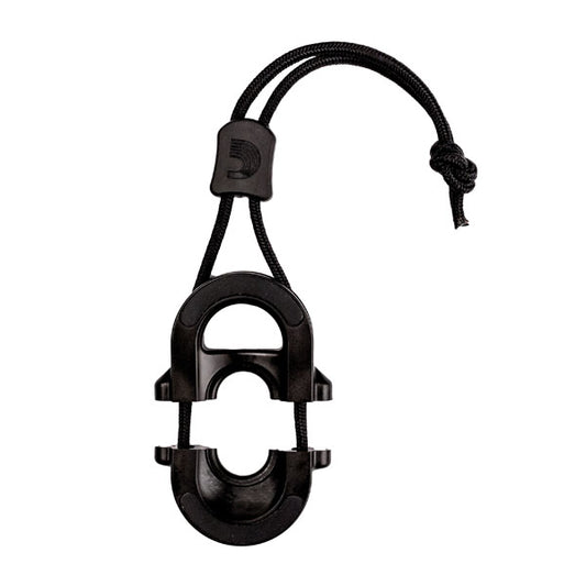 Black plastic clamp with cord on each side which support the closure of the mechanism which clamps around the pin of the guitar.