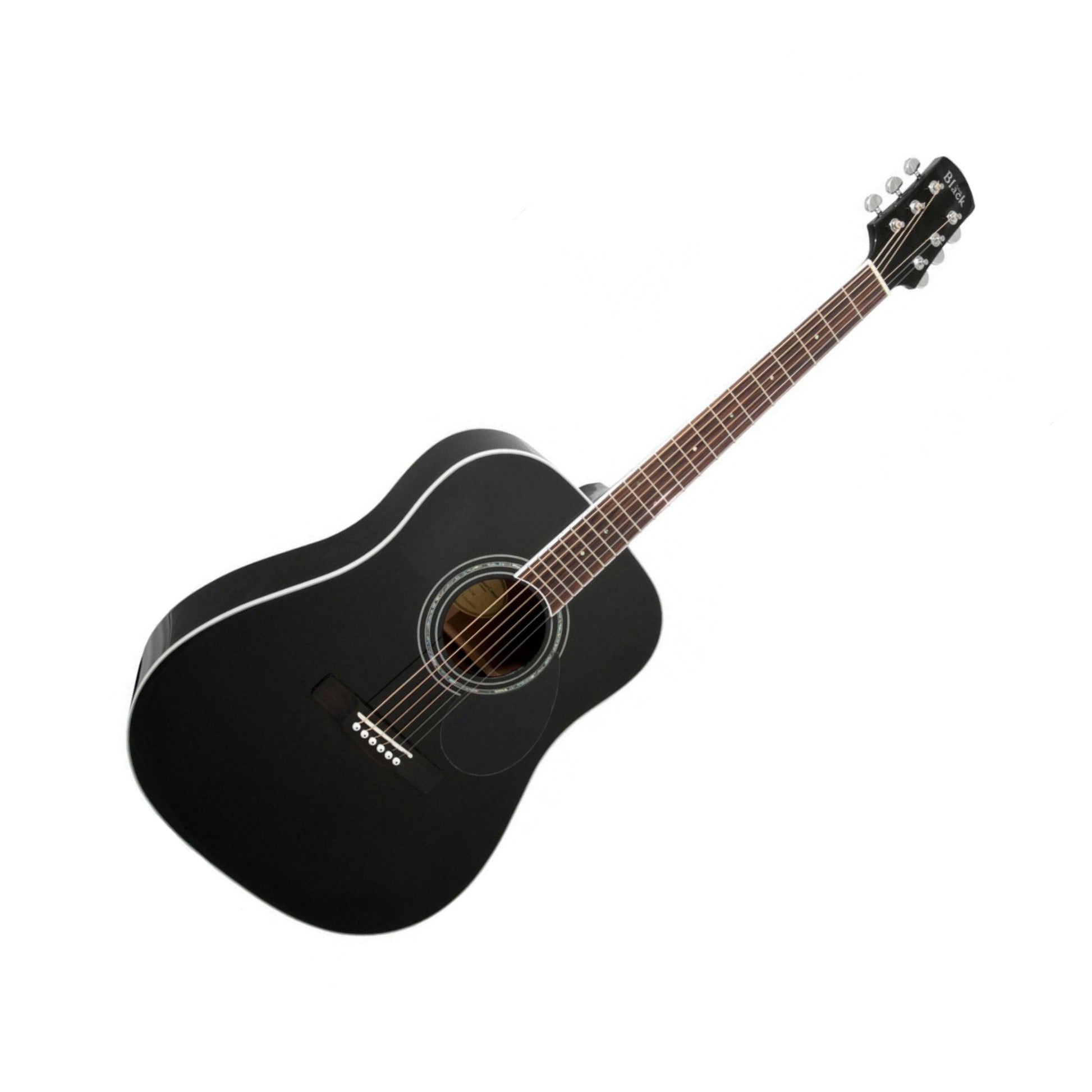 Black acoustic guitar with silver machine heads and white details (saddle, bridge pins and inlaid). White and pearloid inlayed rosette. 
