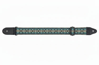 Guitar strap with colourful geometric pattern on a white background