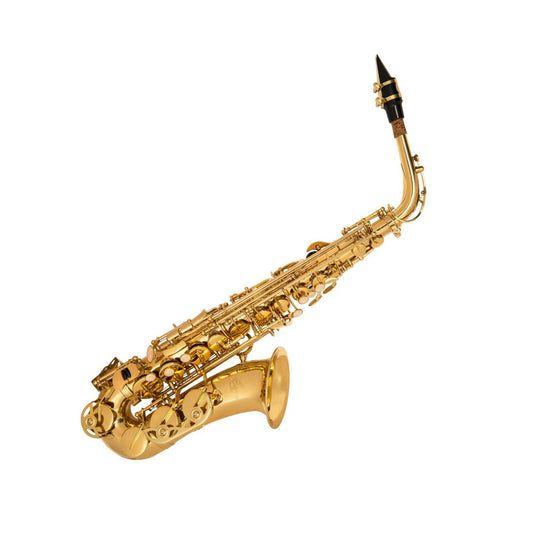 Gold saxophone on a white background