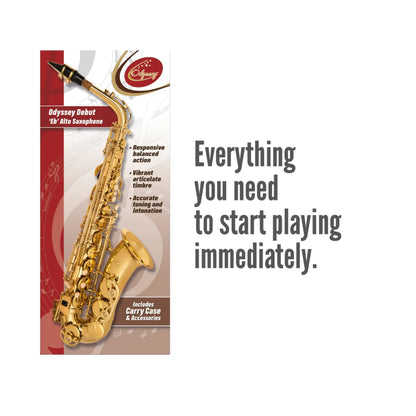 Odyssey Debut Eb Alto Saxophone with packaging on a white background
