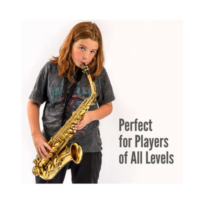 Child playing a saxophone with text 'Perfect for Players of All Levels' on a white background