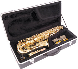 Gold saxophone in a black case on a white background