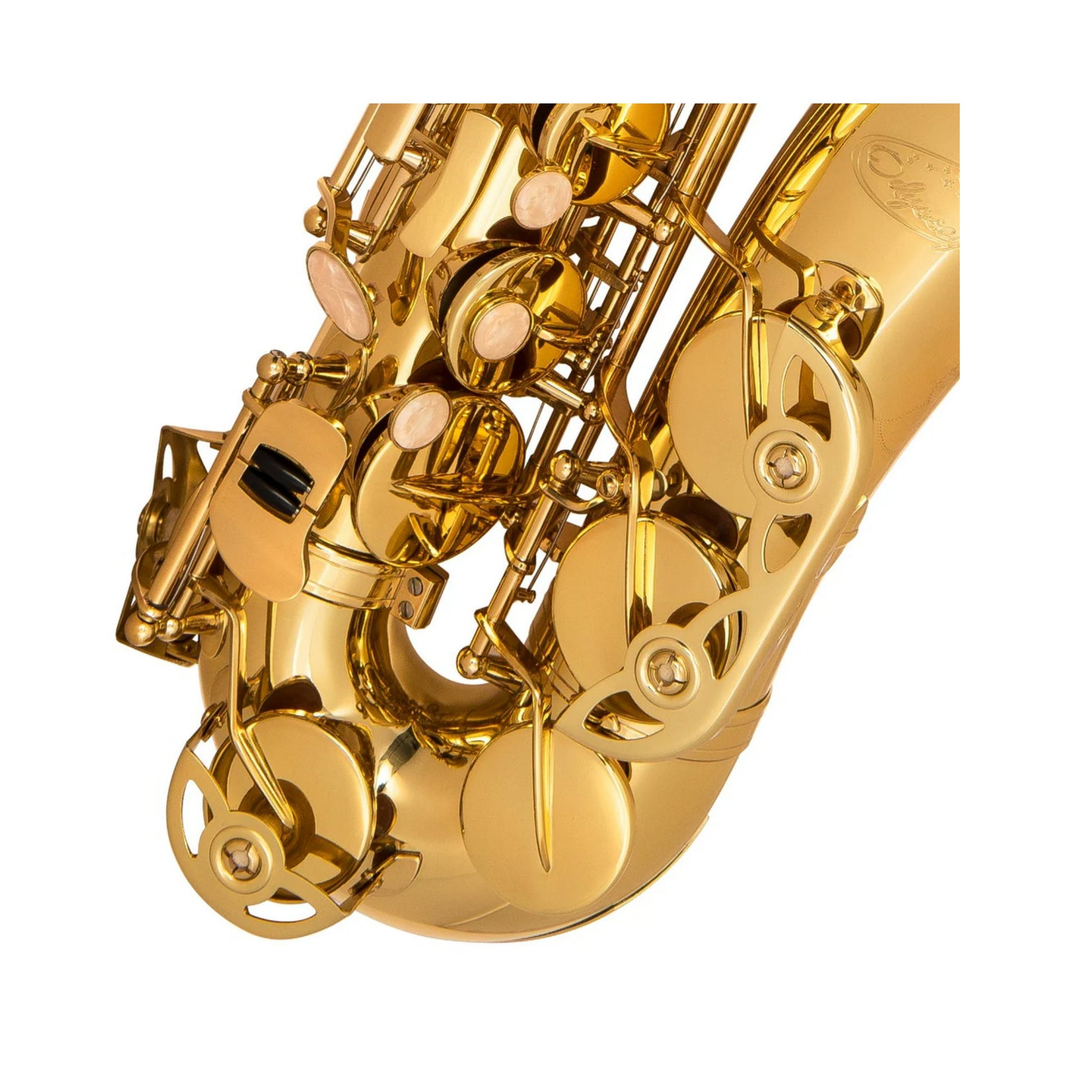 Close-up of a gold saxophone on a white background
