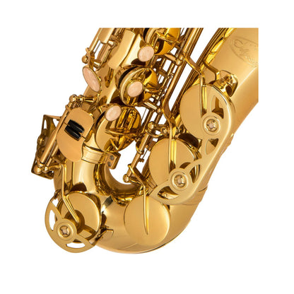 Close-up of a gold saxophone on a white background