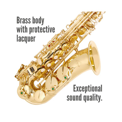 Gold saxophone with text about brass body and protective lacquer on a white background