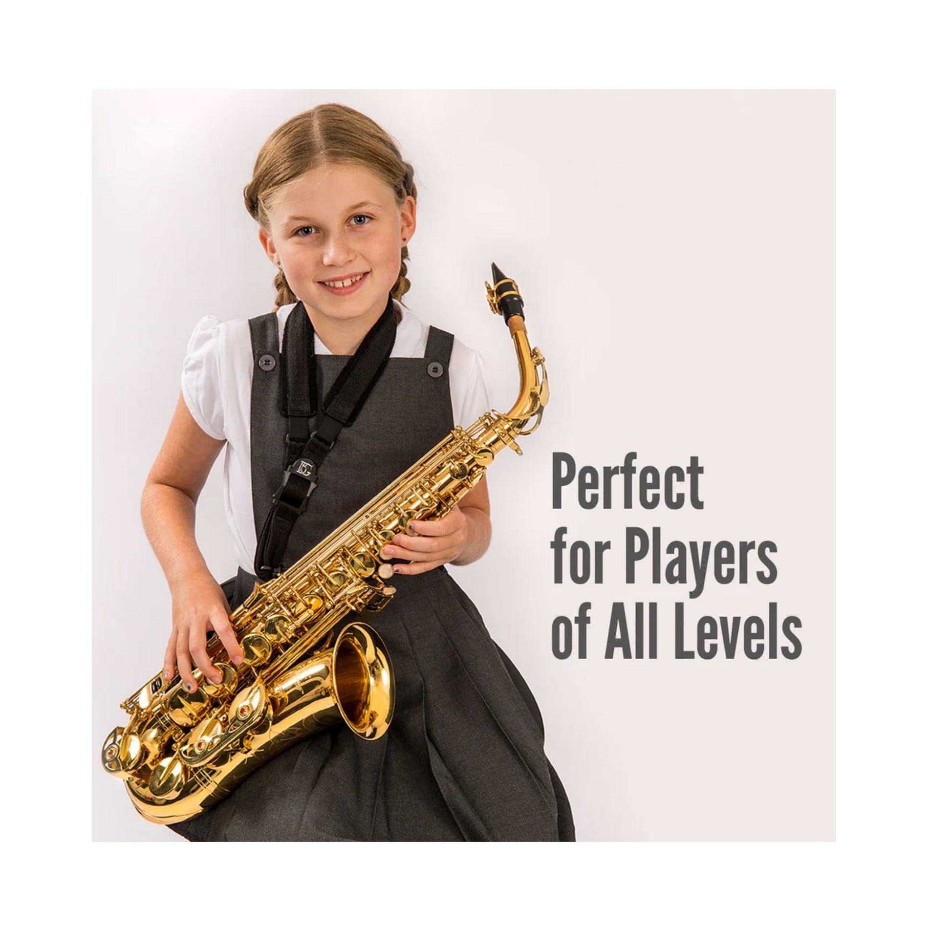 Young girl holding a saxophone with text 'Perfect for Players of All Levels' on a white background