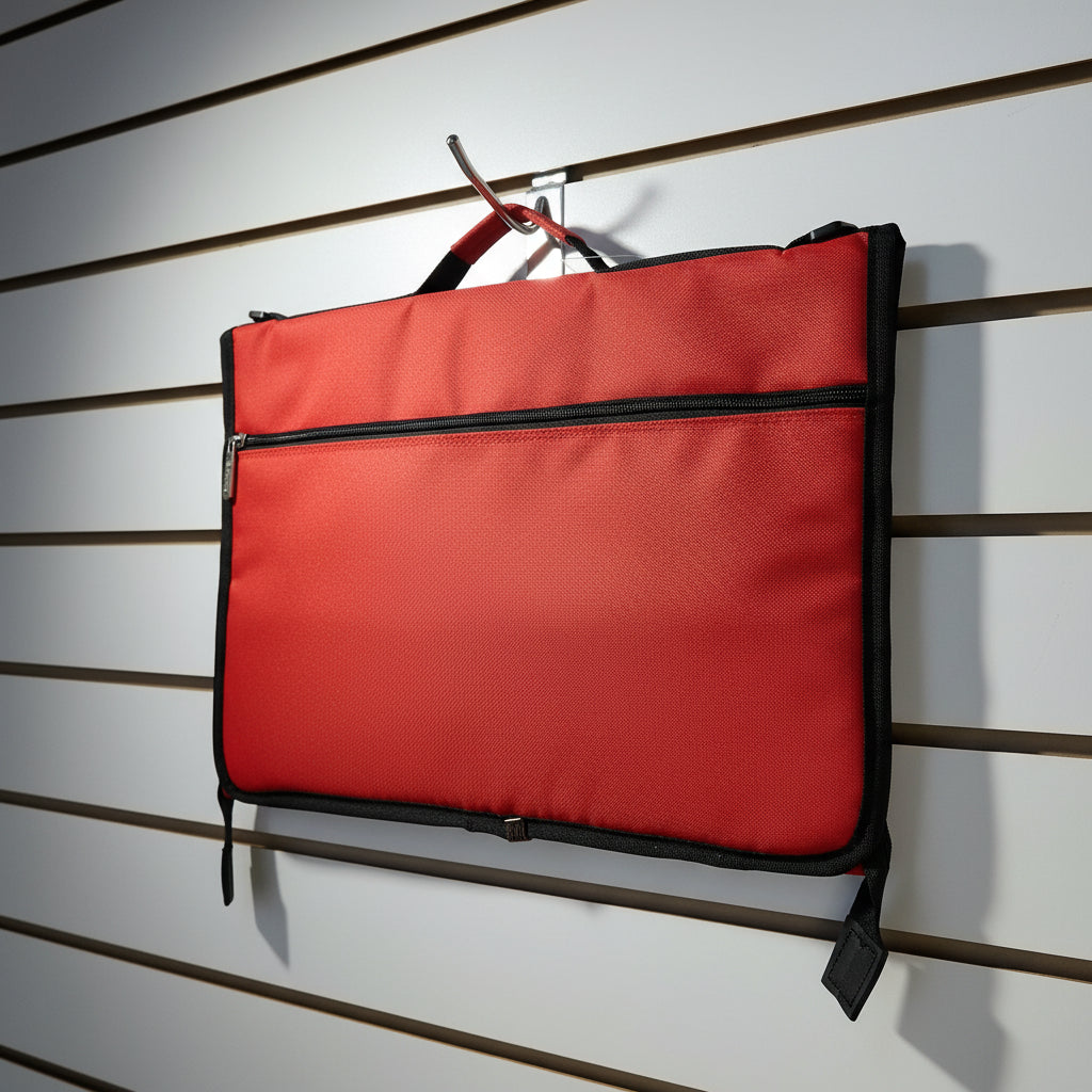 A red zippered pouch or document holder with black trim, hanging from a hook on a white slatwall.