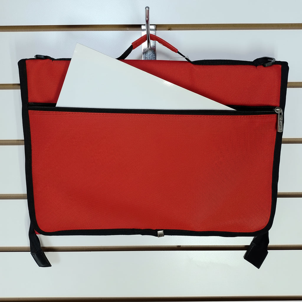 A red and black zippered document pouch hanging from a metal hook on a white slatwall. A white folder is partially tucked into the front pocket.