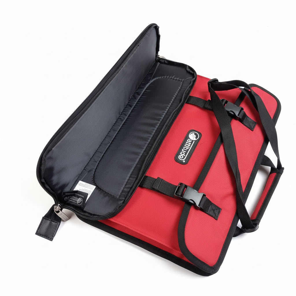 A red and black music bag with an attached black padded zippered sleeve, shown open on a white surface. The red bag features black straps and buckles, and a black brand patch reading 'Attitude' is visible.