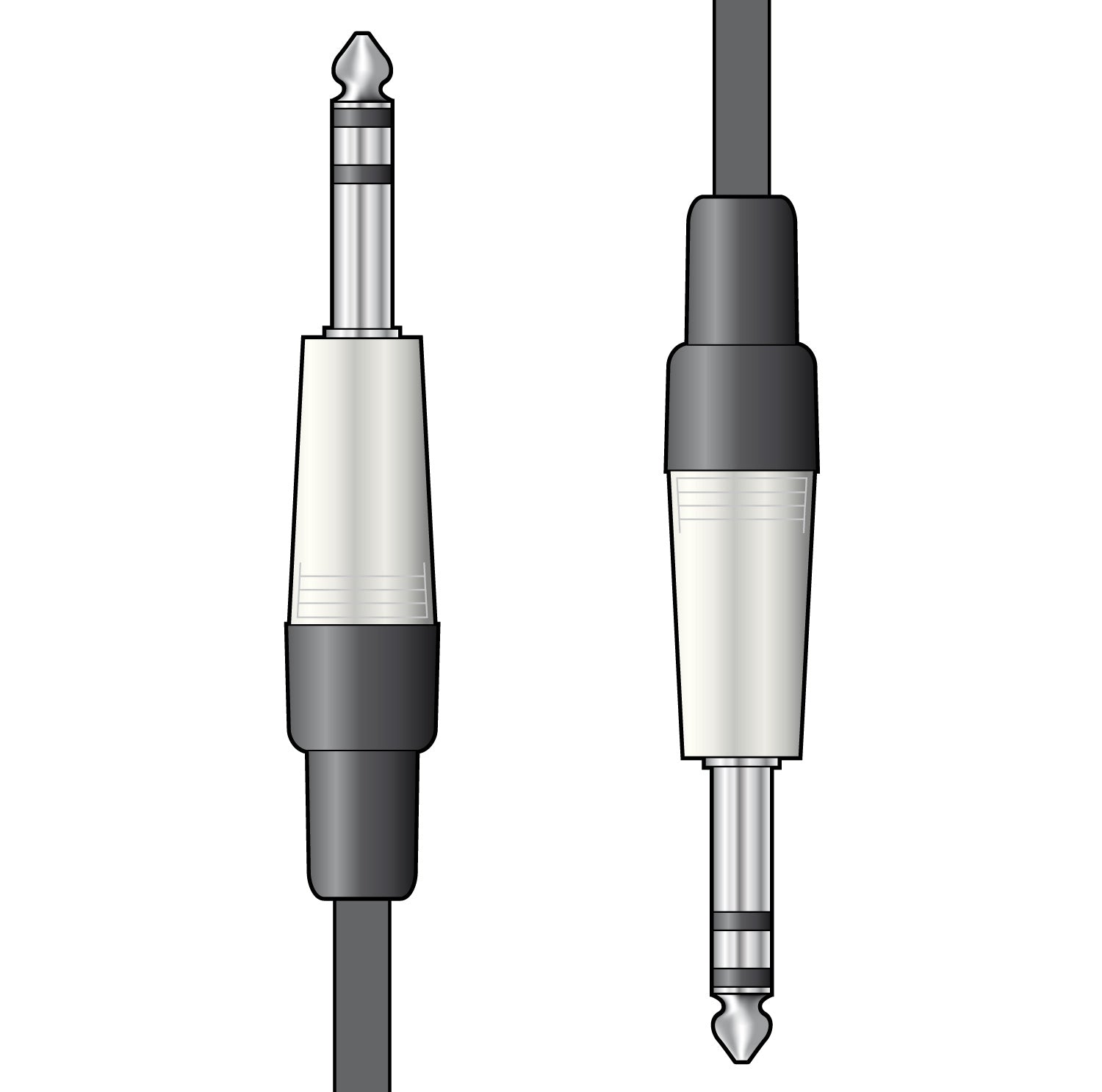 Audio connectors, one with a silver and black design and the other with a grey and black design, on a white background.