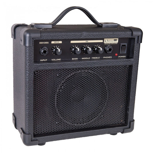 Black guitar amplifier with control knobs on a white background