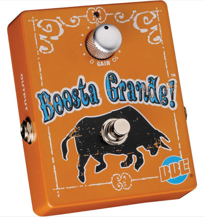 Guitar effects pedal with 'Boosta Grande' and BBE branding on an orange background