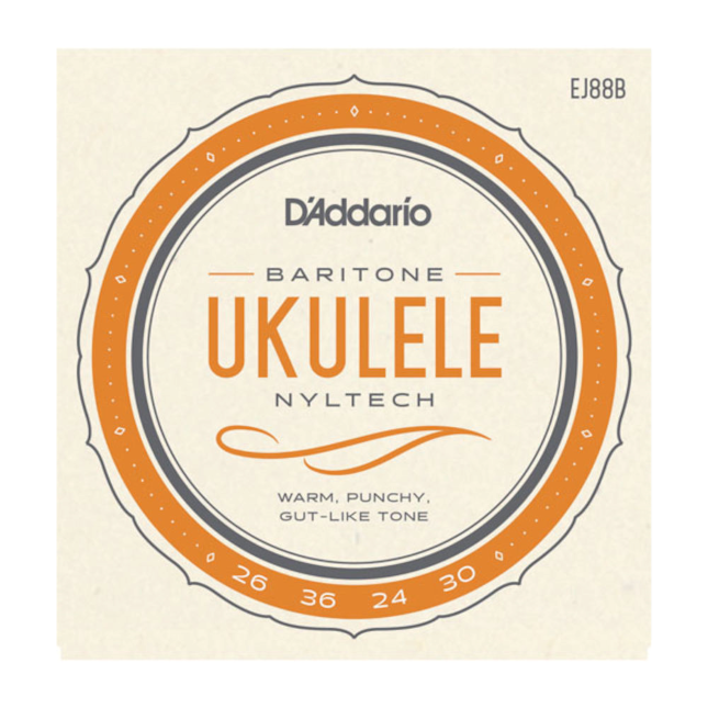 D'Addario baritone ukulele string set packaging on a beige background
