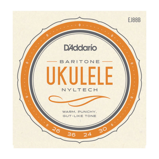 D'Addario baritone ukulele string set packaging on a beige background