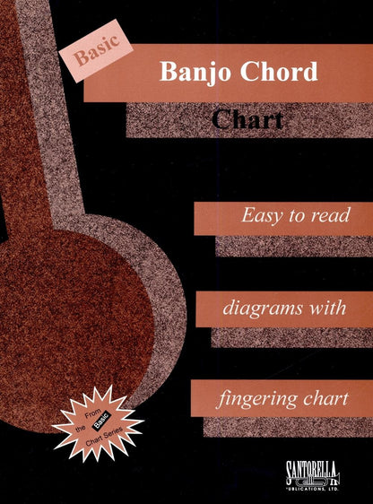 Cover of a 'Basic Banjo Chord Chart' with a banjo illustration on a black background.