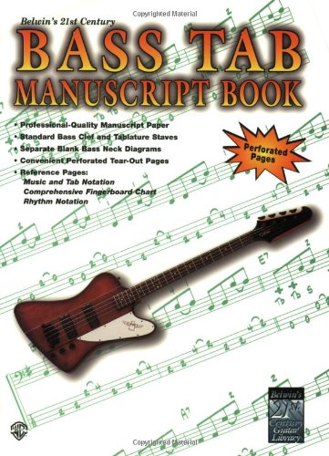 Bass tab manuscript book cover with a bass guitar illustration on sheet music background