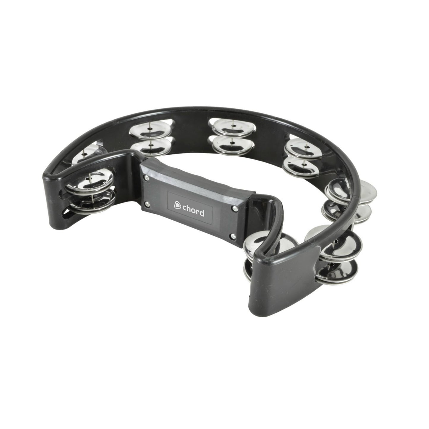 Black tambourine with silver jingles on a white background