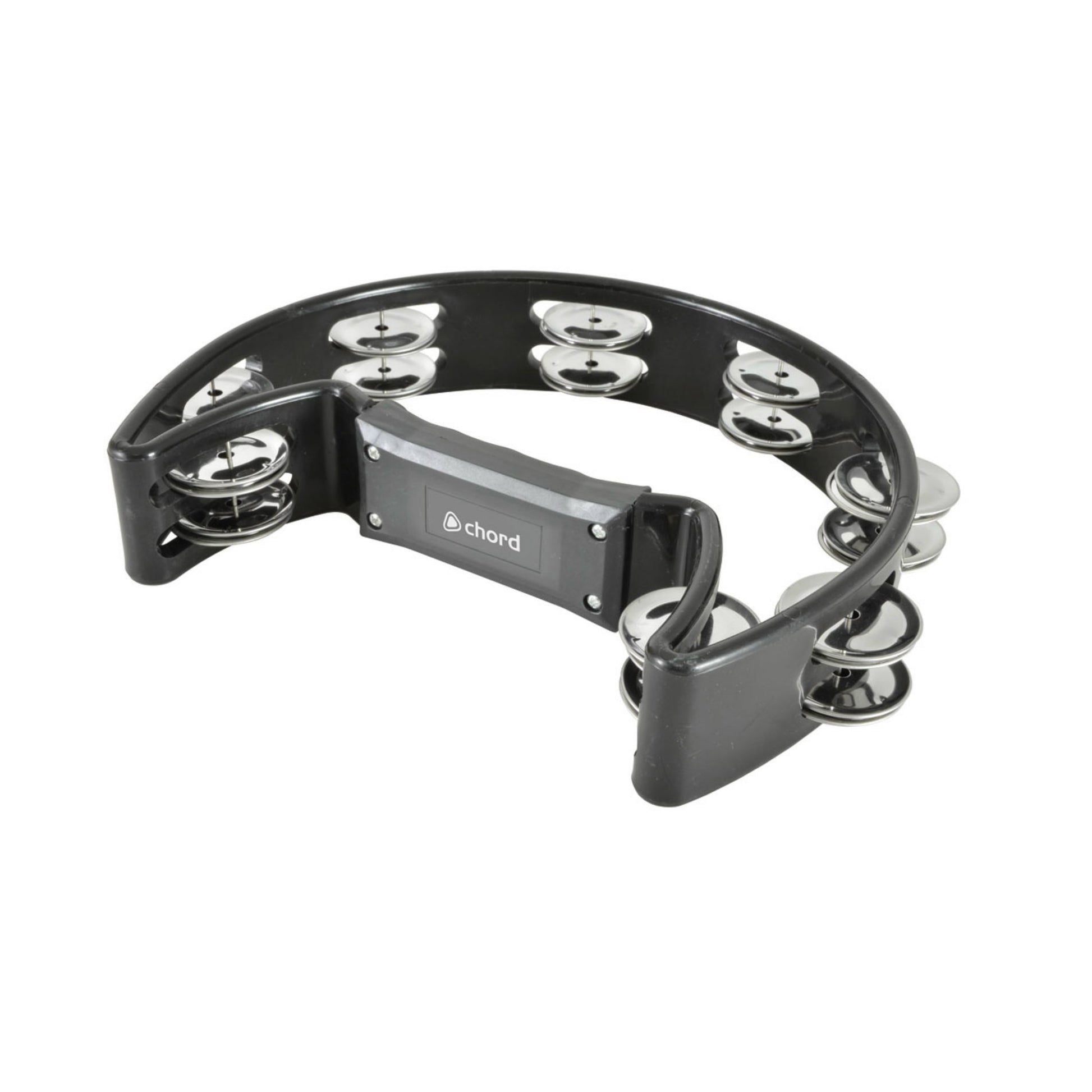 Black tambourine with silver jingles on a white background