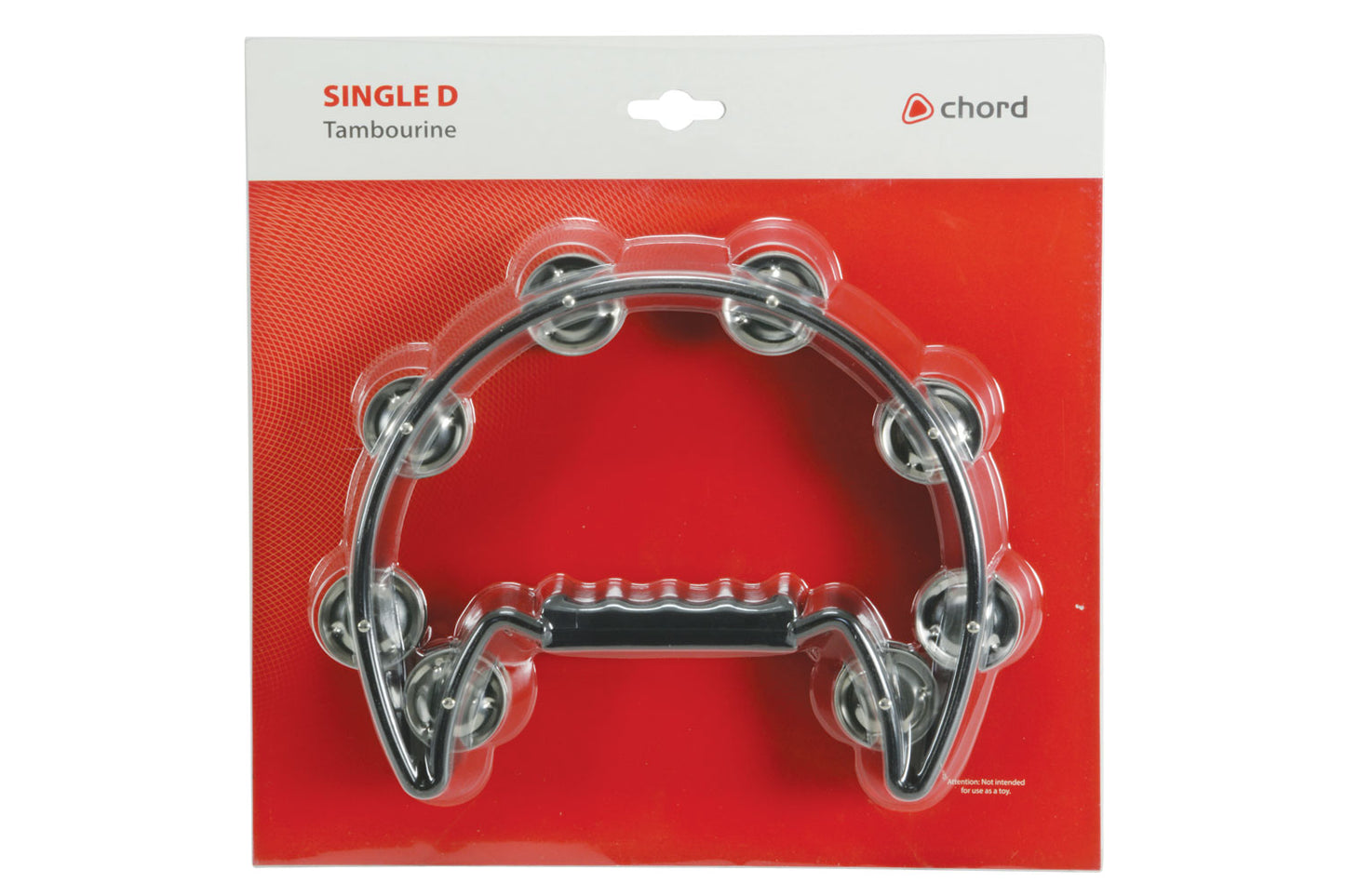 Single D tambourine in packaging with 'Chord' branding on a white background
