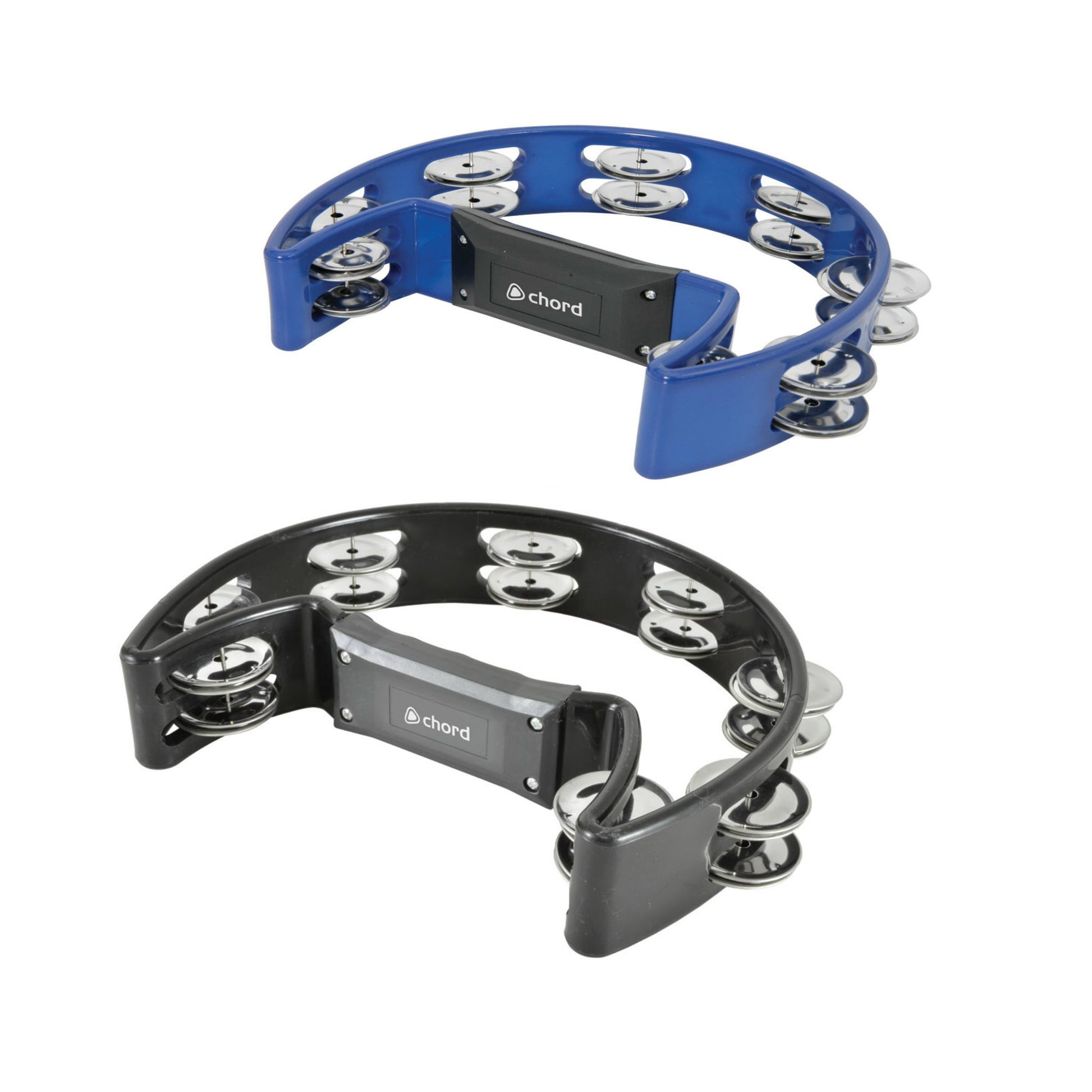 Two tambourines, one blue and one black, with 'Chord' branding on a white background.