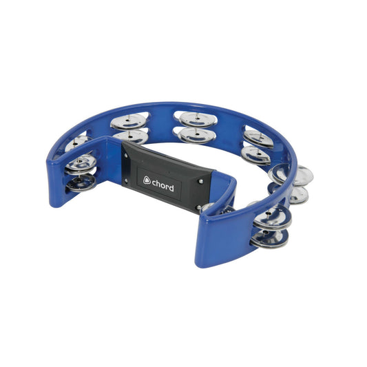 Blue tambourine with metal jingles on a white background