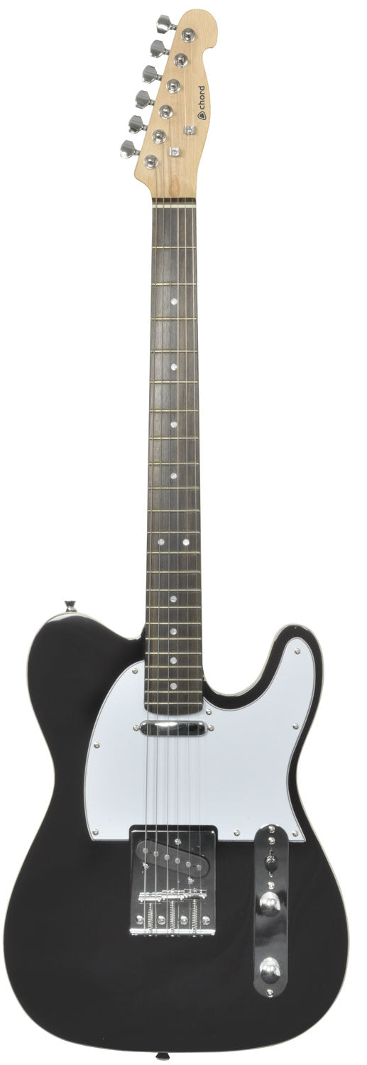 Black electric guitar with a white pickguard on a white background