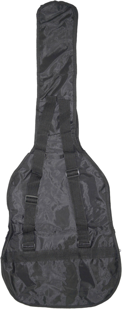 Black guitar case with back straps on a white background