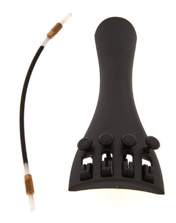 Black violin tail piece with strings adjusters and tail gut . All the components are black on a white background