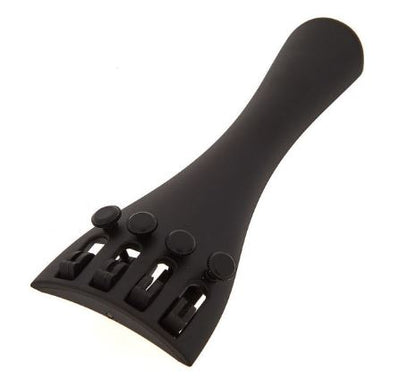 n this picture of the tail piece is taken from the top with strings adjuster clearly visible. All black on white background.