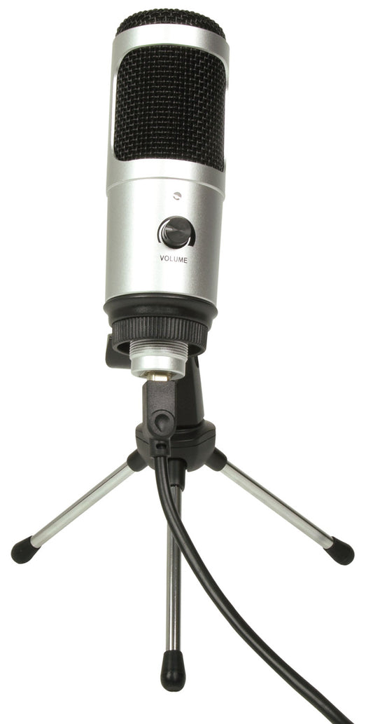 Condenser microphone on a stand with a white background