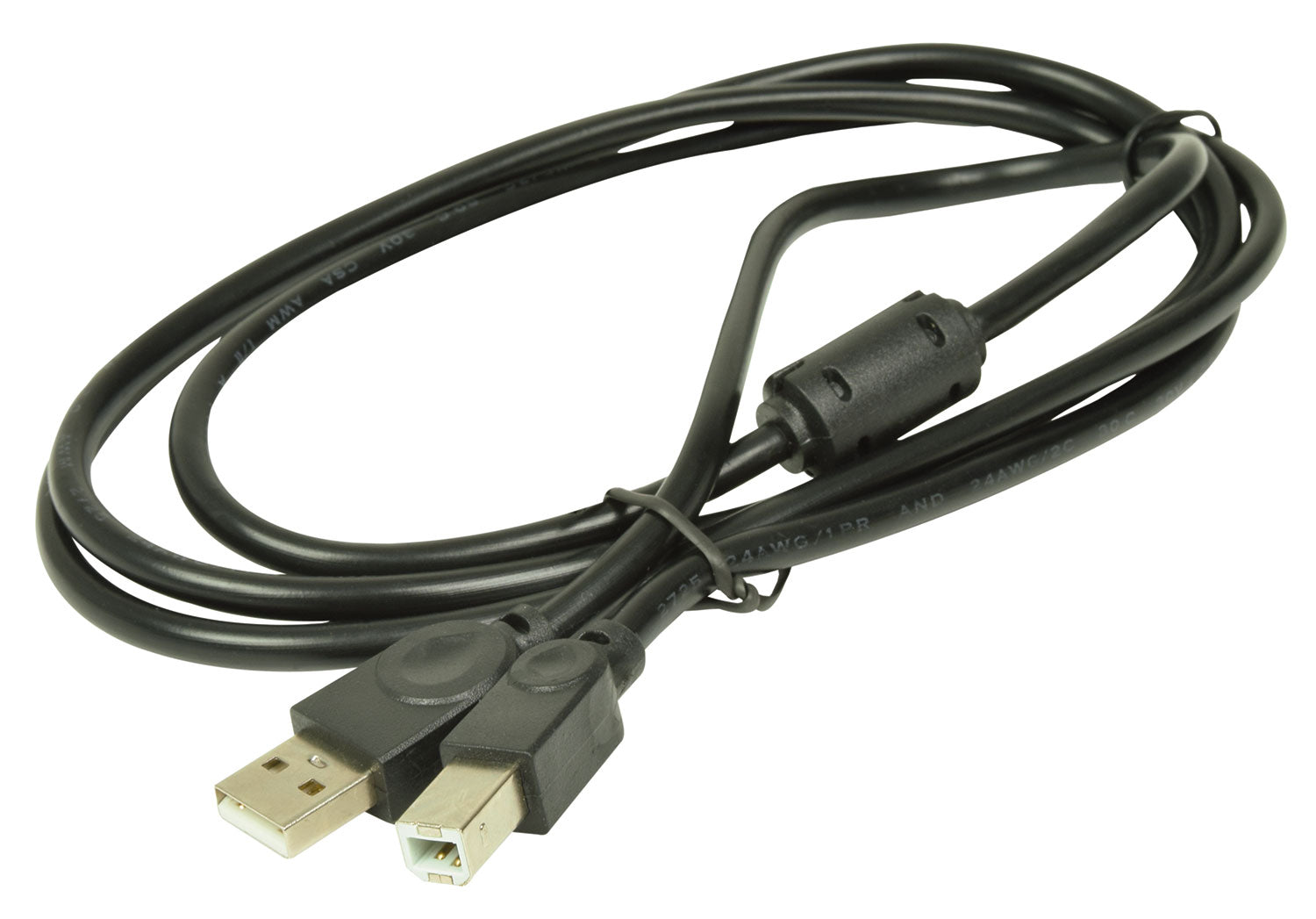Black USB cable with connectors on a white background