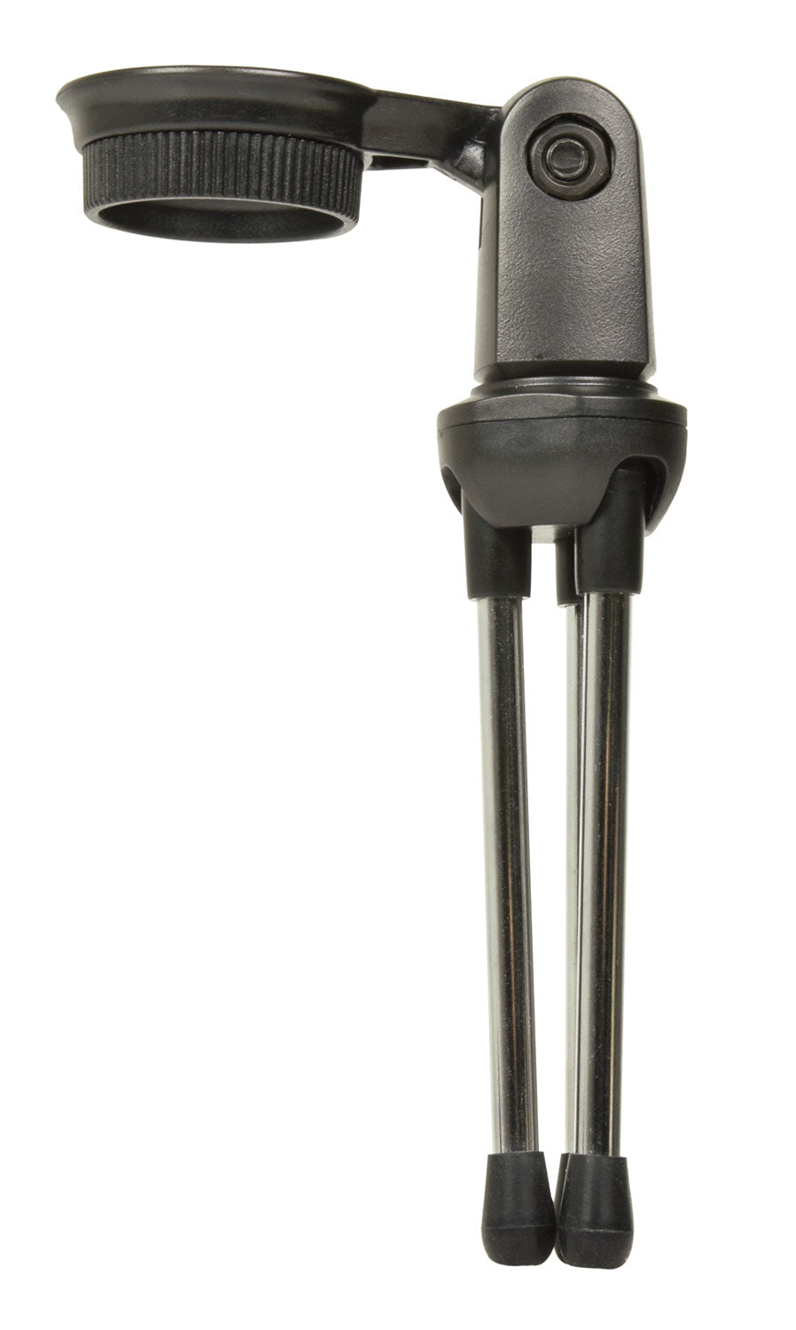 Black adjustable tripod stand on a white background