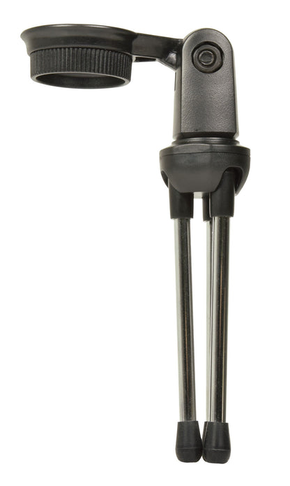 Black adjustable tripod stand on a white background