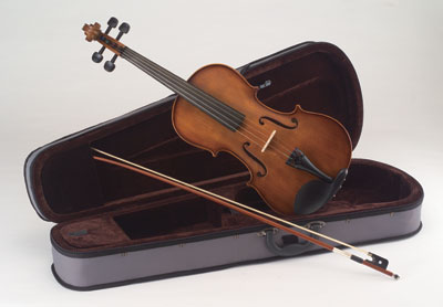 An opened case with a Viola and a bow, obliquely positioned to form an artistic composition - white background. 