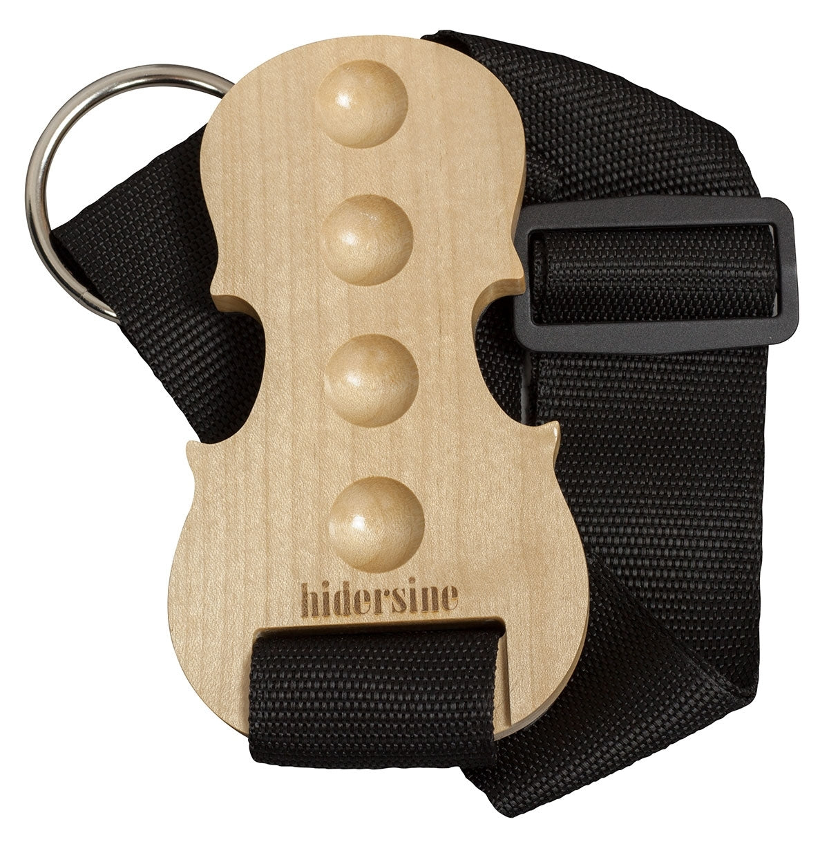 This wooden cello spike rest is  shaped like the shape of the cello with different concave semicircle to accommodate the foot of the spike. On one end a black strap ends with a metallic ring to position around the leg of the chair so that it anchors the rest in place.