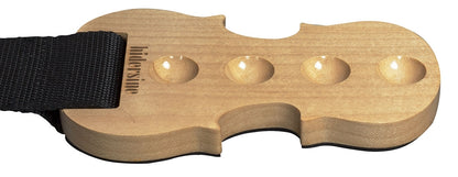 This wooden cello spike rest is  shaped like the shape of the cello with different concave semicircle to accommodate the foot of the spike. On one end a black strap ends with a metallic ring to position around the leg of the chair so that it anchors the rest in place.