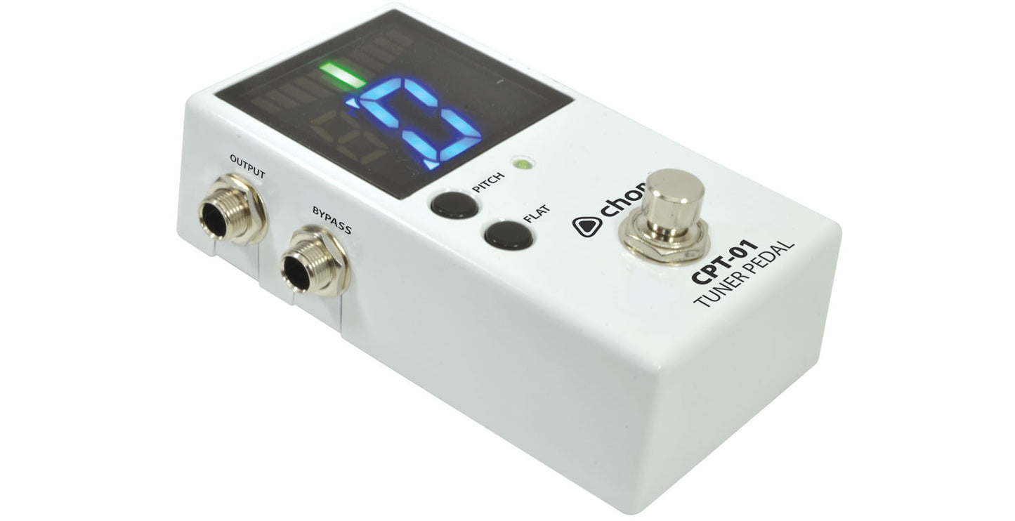 White guitar effects pedal with digital display on a white background