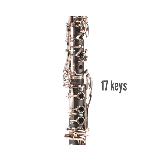 Clarinet with '17 keys' text on a white background