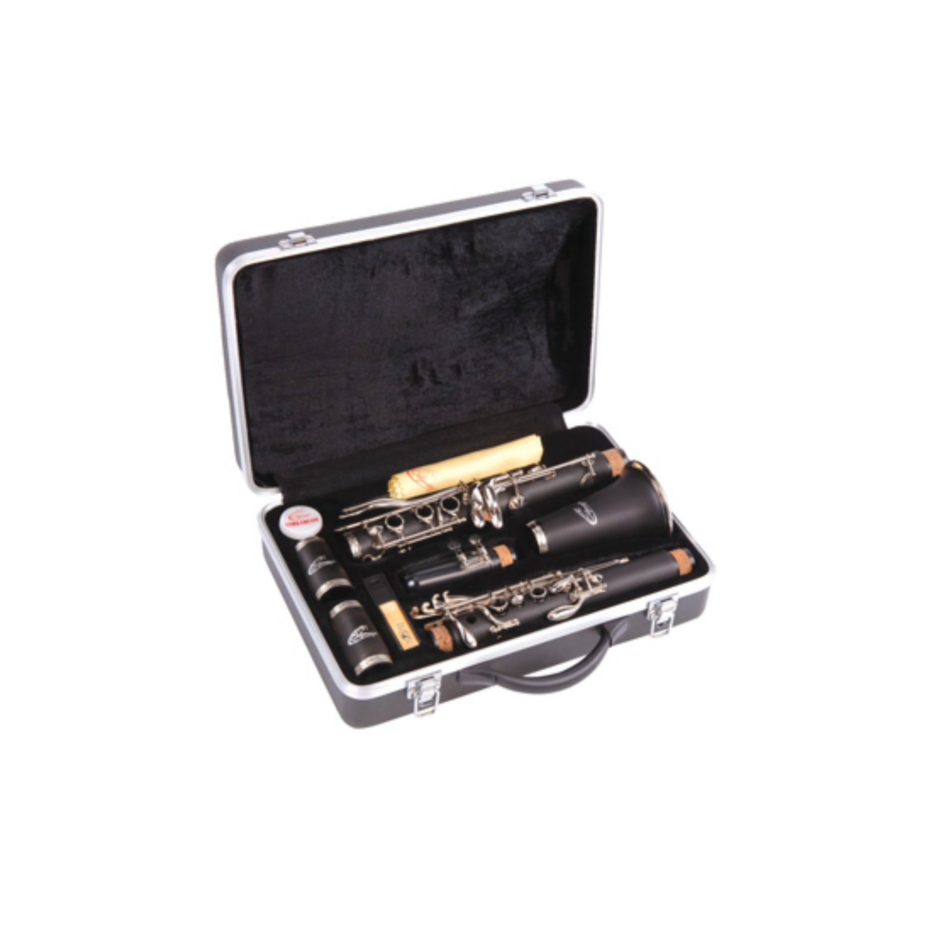 Clarinet in a case on a white background