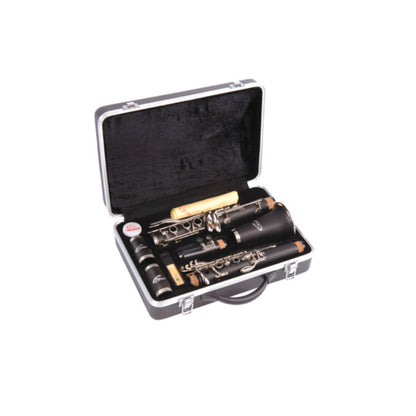Clarinet in a case on a white background