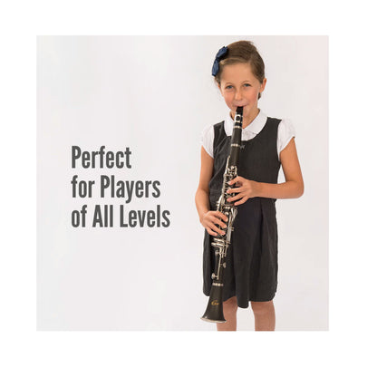 Young girl playing a clarinet with text 'Perfect for Players of All Levels' on a white background