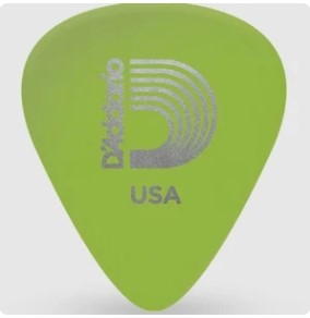 Green guitar pick with D'Addario branding on a white background