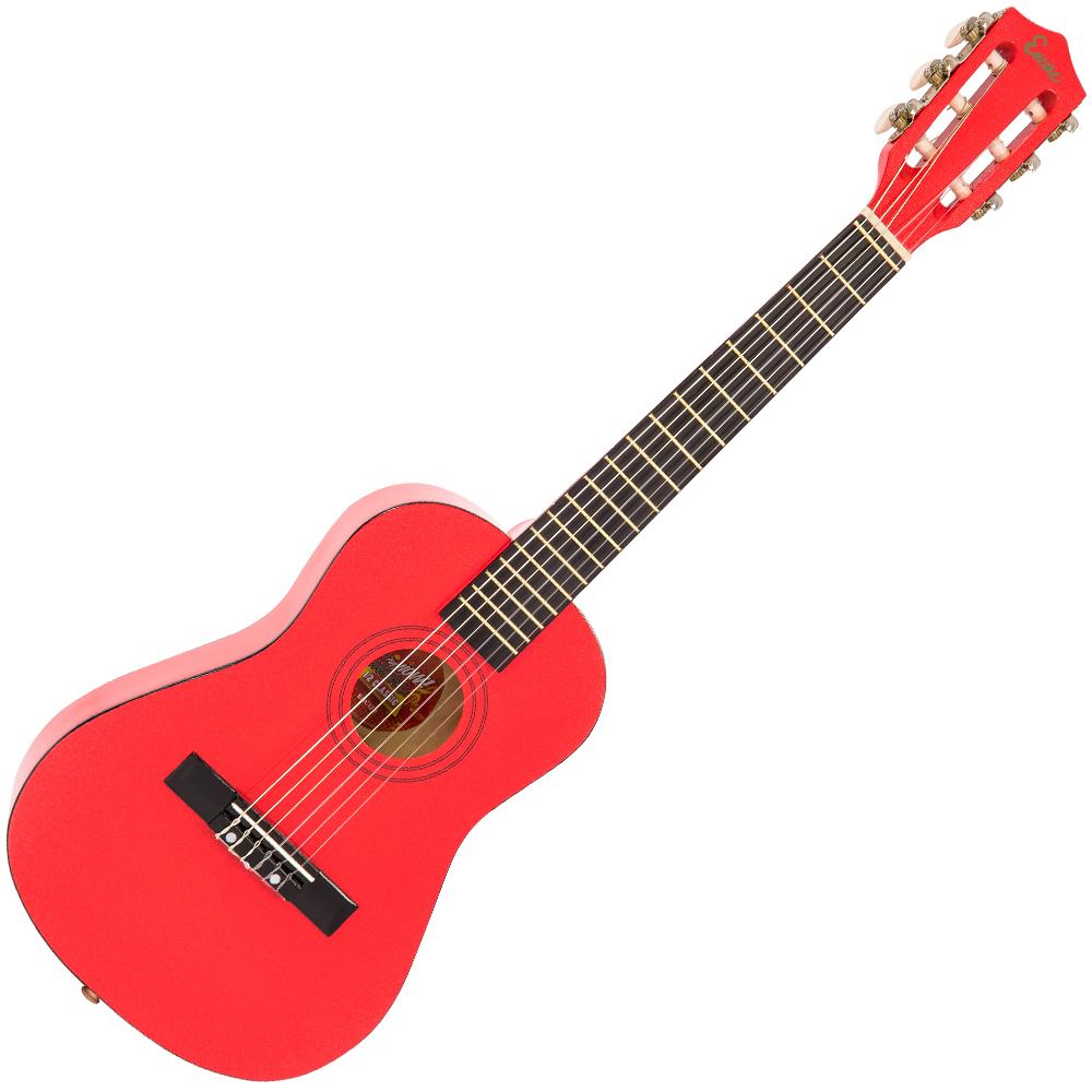 Red acoustic guitar on a white background