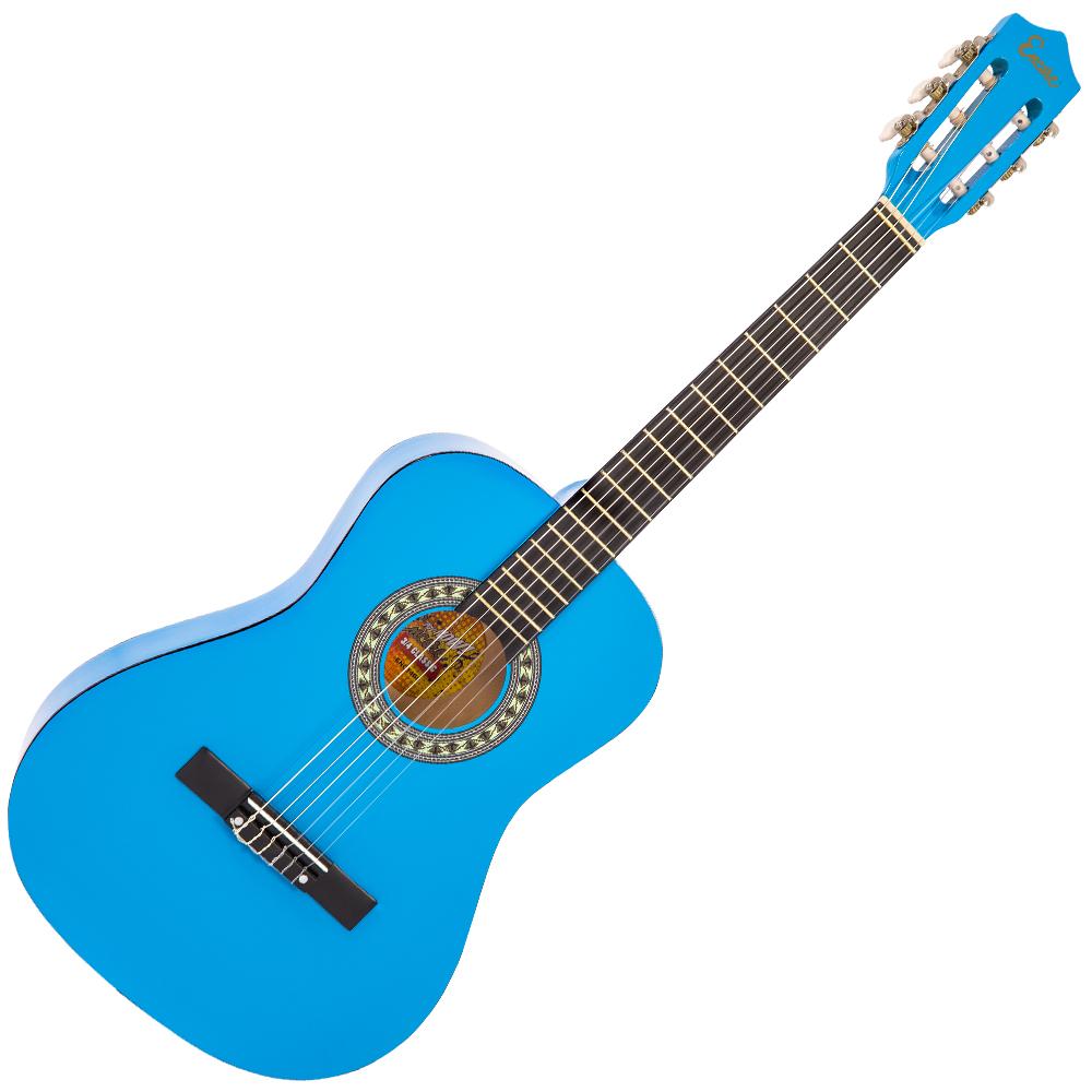 Blue classical guitar on a white background