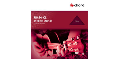 Chord ukulele strings packaging with a person playing ukulele on a white background