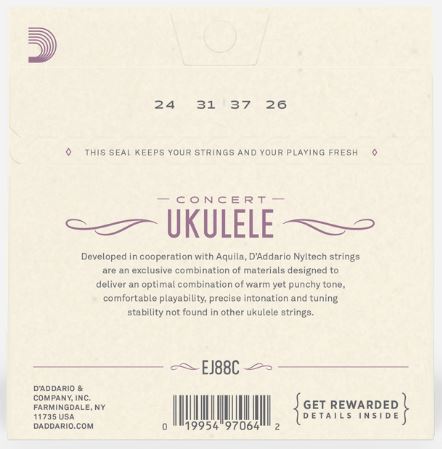 Back of a ukulele string package with text and branding