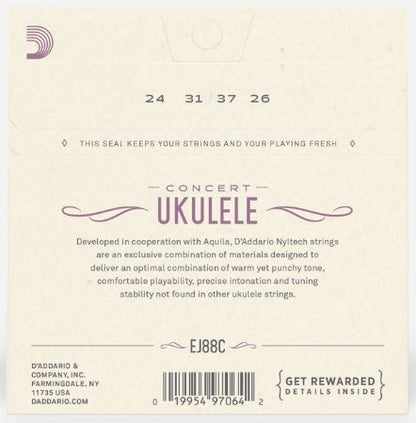Back of a ukulele string package with text and branding